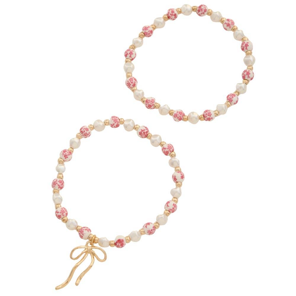 RIBBON BOW CERAMIC BEAD BRACELET SET, 84624