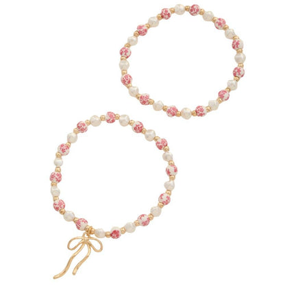 RIBBON BOW CERAMIC BEAD BRACELET SET, 84624