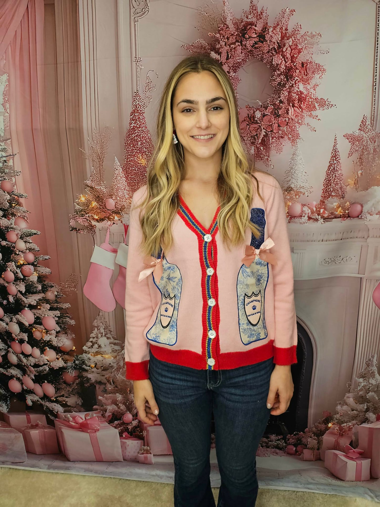 Pink Cardigan with Champagne Bottle Patches