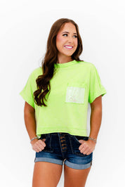Faeve Lime Green Washed SPARKLE Pocket Top