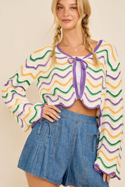 IRIS- Mardi Gras Wave Stripe Tie Cardigan – Festive Knit