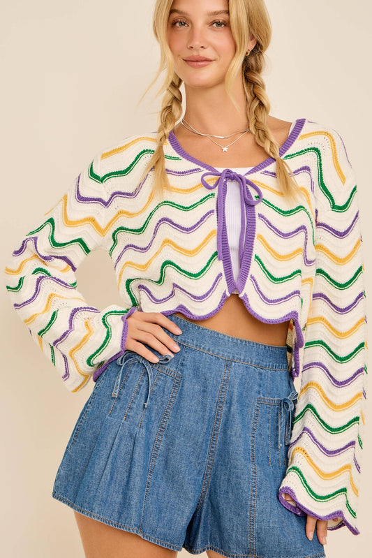IRIS- Mardi Gras Wave Stripe Tie Cardigan – Festive Knit