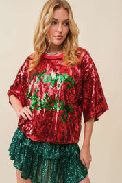 HAPPY HOLIDAYS Sequin Print Crop Top
