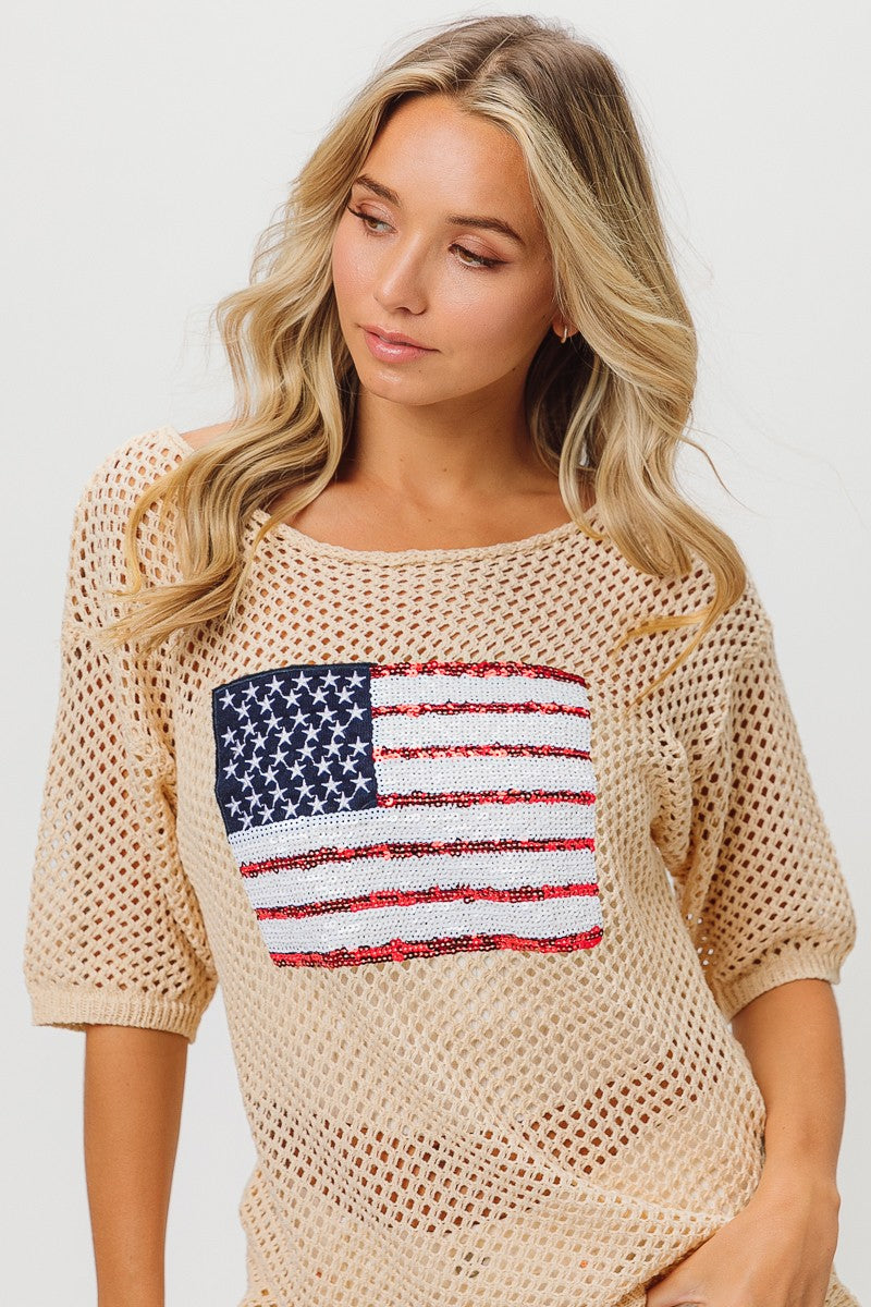 Sequin Flag Open Knit Top