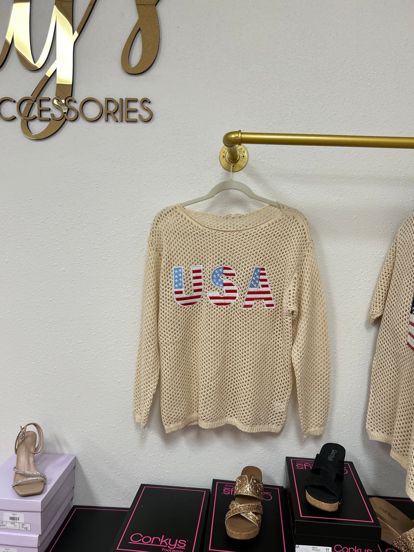 USA Flag Letter Open Knit Top