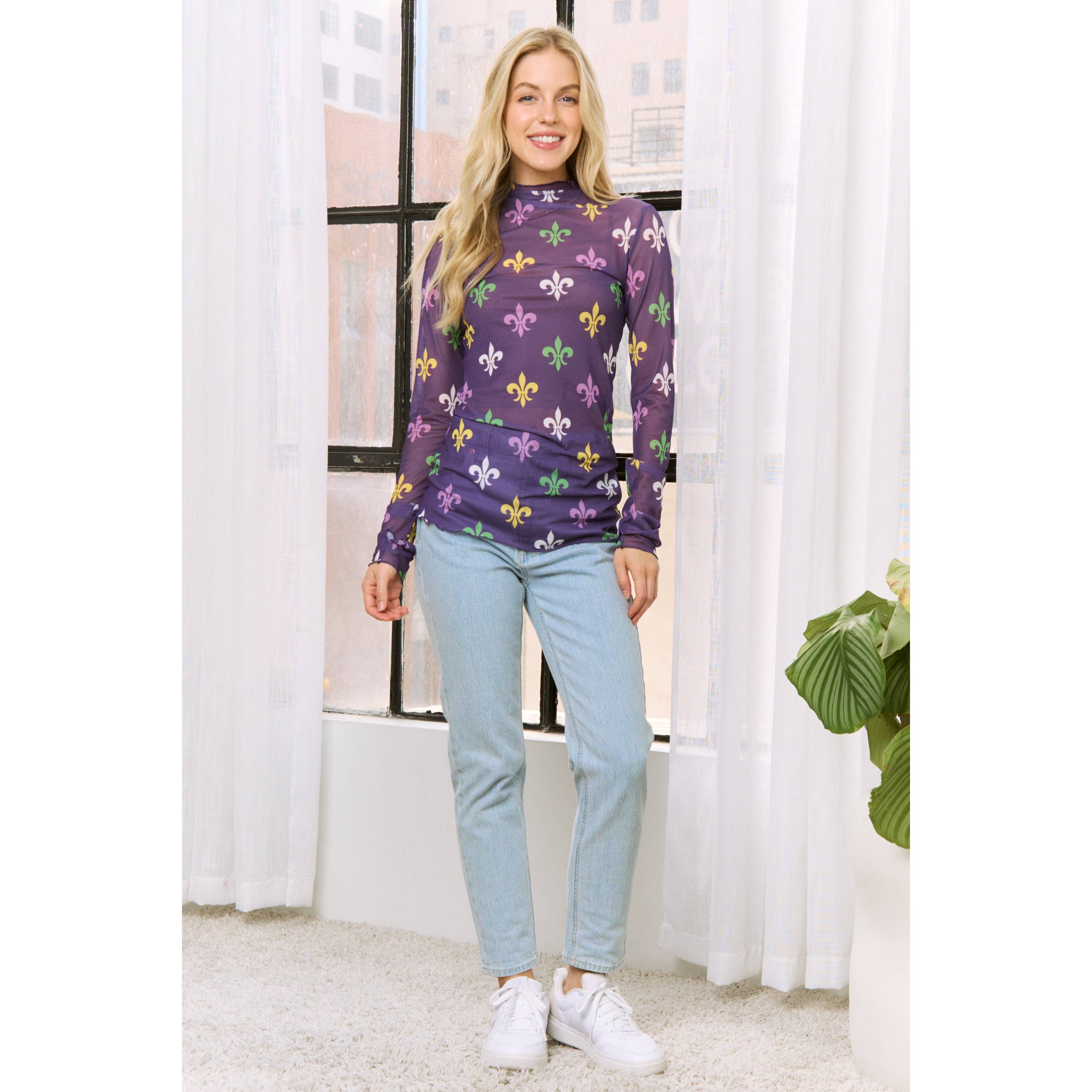 Mardi Gras Fleur De Lis Mesh Top