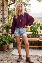 Henley Balloon Sleeve Sweater Top