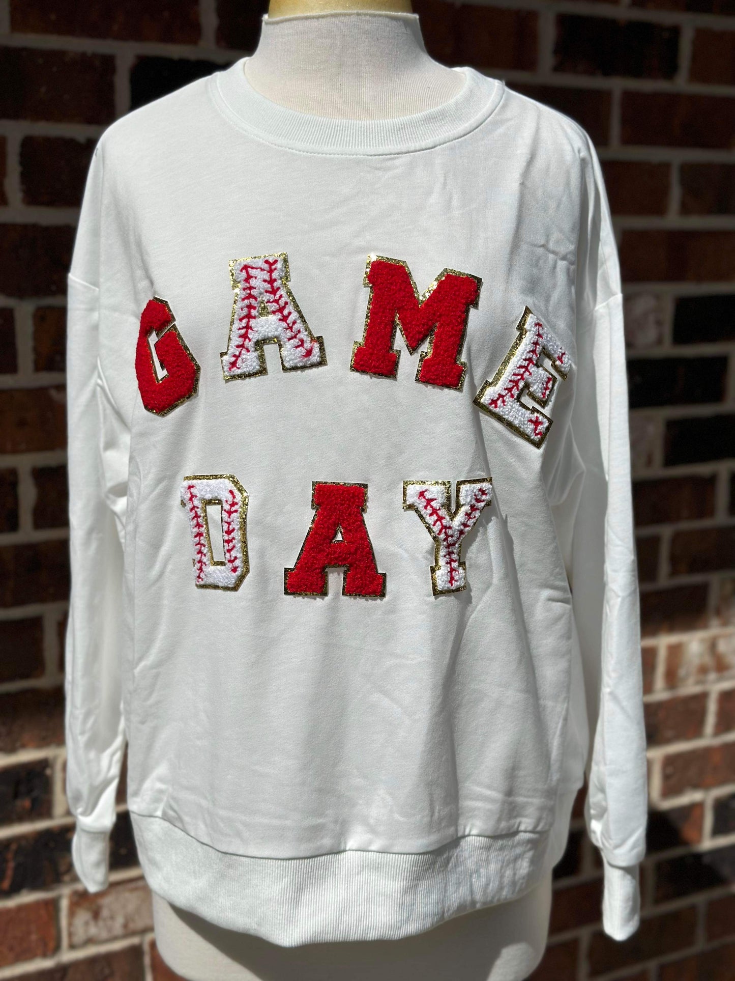 Baseball Chenille Gameday Patches Pullover - WHITE