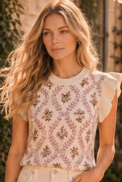 Floral Jacquard Ruffle Sleeve Knit Top
