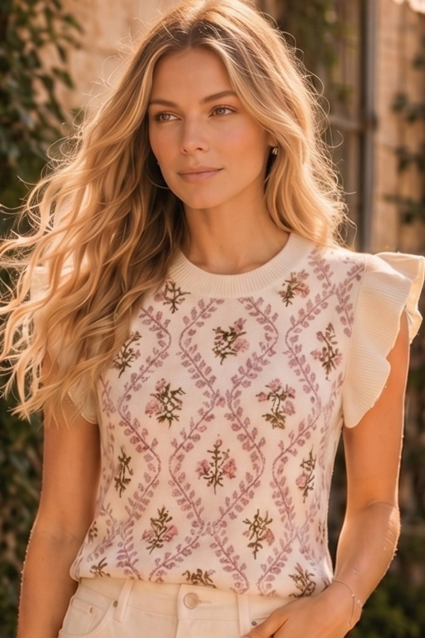 Floral Jacquard Ruffle Sleeve Knit Top