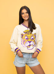 LSU Vintage (Licensed) | Women's Sequin Design Varsity Stripe Pullover (Cream)