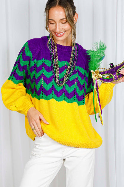 Holiday- Fair Isle Accent Mardi Gras Knitted Sweater