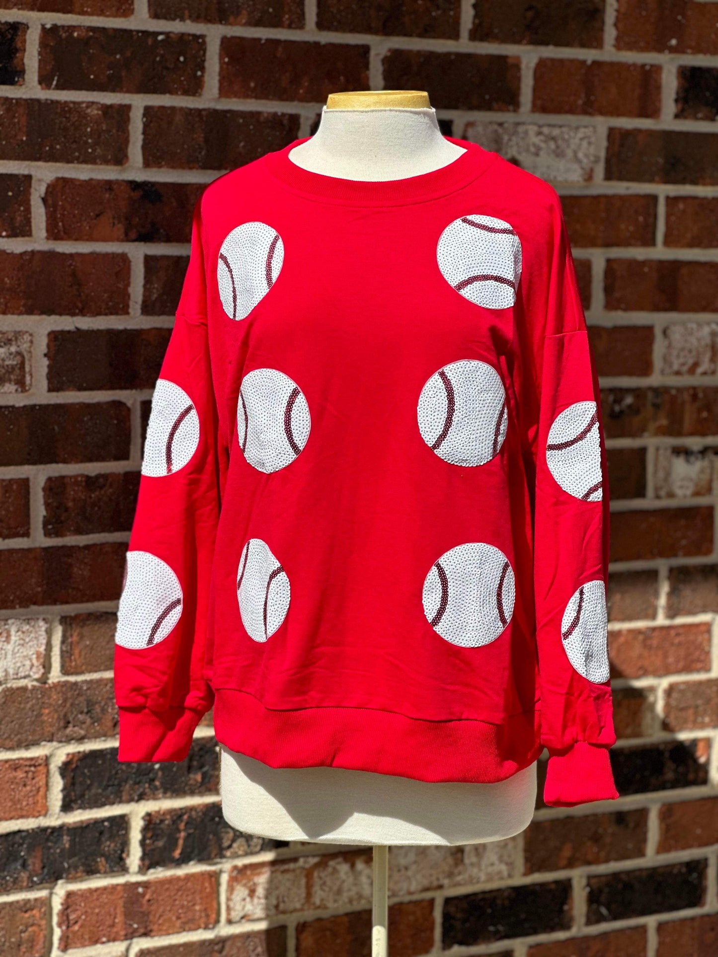 Sequin Baseball Patch French Terry Pullover - RED