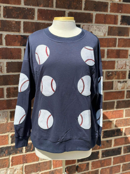 Sequin Baseball Patch French Terry Pullover - NAVY