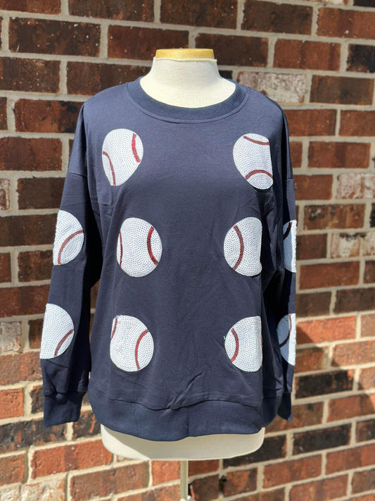 Sequin Baseball Patch French Terry Pullover - NAVY