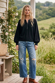 Henley Balloon Sleeve Sweater Top