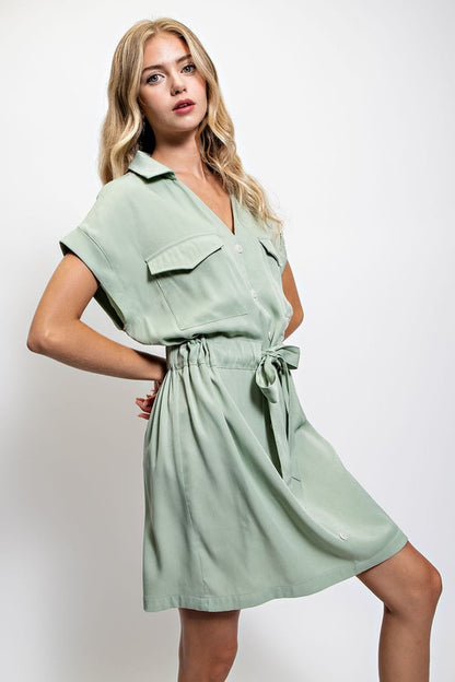 Shirt Dress with Waist Tie - SEAGREEN