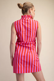 Ruffle Neck Sleeveless Waist Tie Detail Stripe Dress