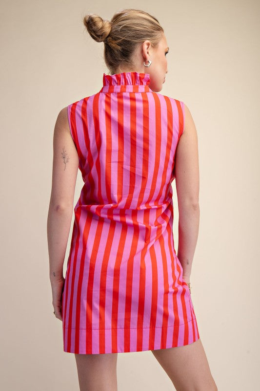 Ruffle Neck Sleeveless Waist Tie Detail Stripe Dress