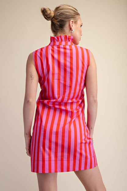 Ruffle Neck Sleeveless Waist Tie Detail Stripe Dress