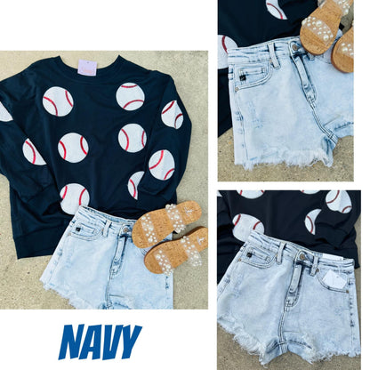 Sequin Baseball Patch French Terry Pullover - NAVY