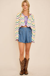 IRIS- Mardi Gras Wave Stripe Tie Cardigan – Festive Knit