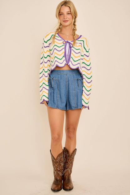 IRIS- Mardi Gras Wave Stripe Tie Cardigan – Festive Knit