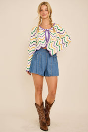 IRIS- Mardi Gras Wave Stripe Tie Cardigan – Festive Knit
