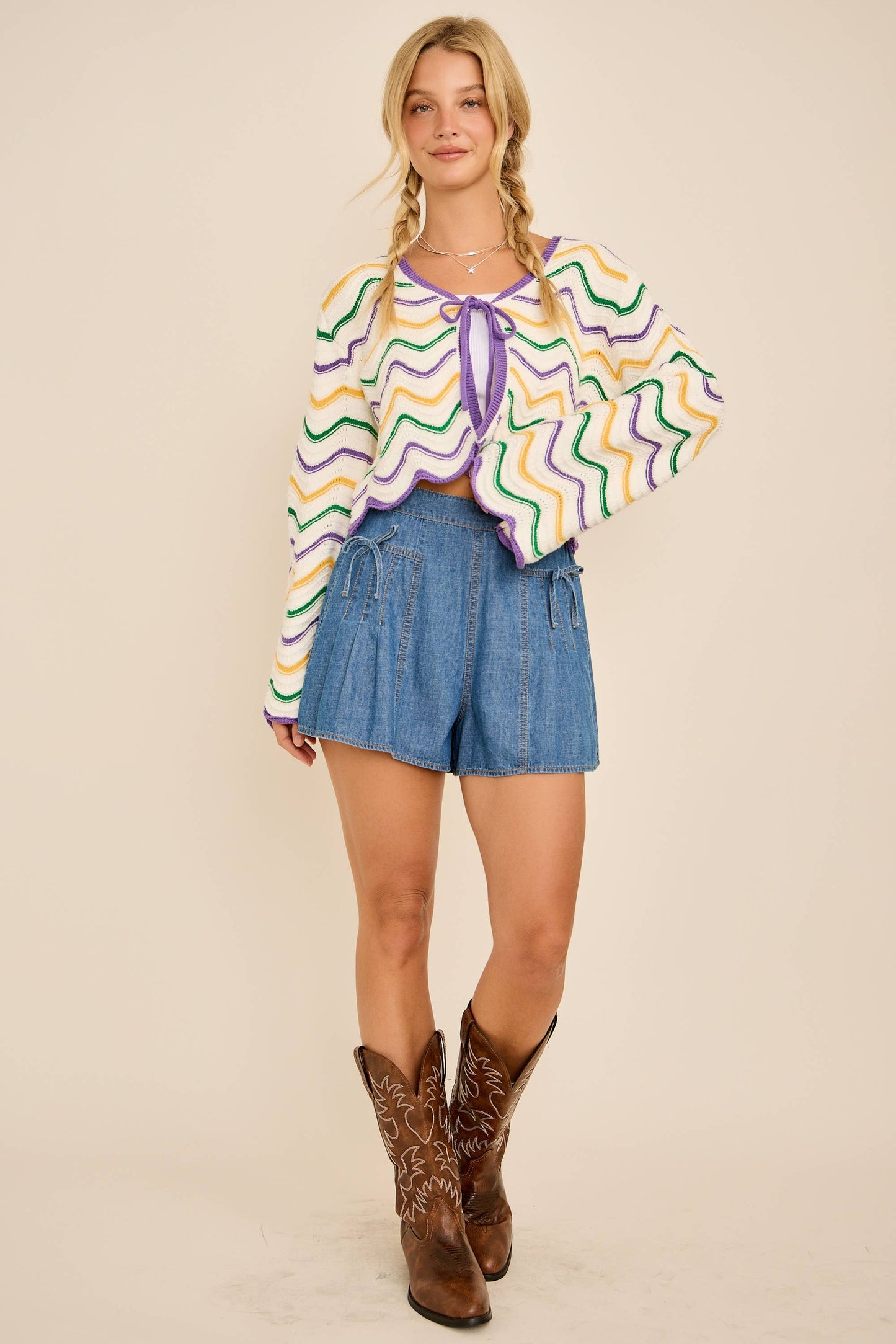 IRIS- Mardi Gras Wave Stripe Tie Cardigan – Festive Knit