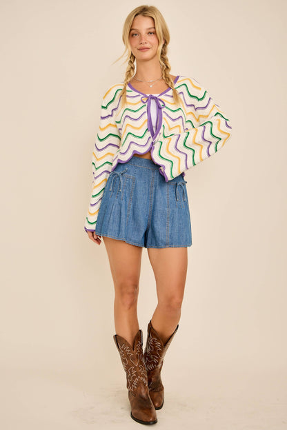 IRIS- Mardi Gras Wave Stripe Tie Cardigan – Festive Knit