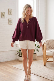 Henley Balloon Sleeve Sweater Top
