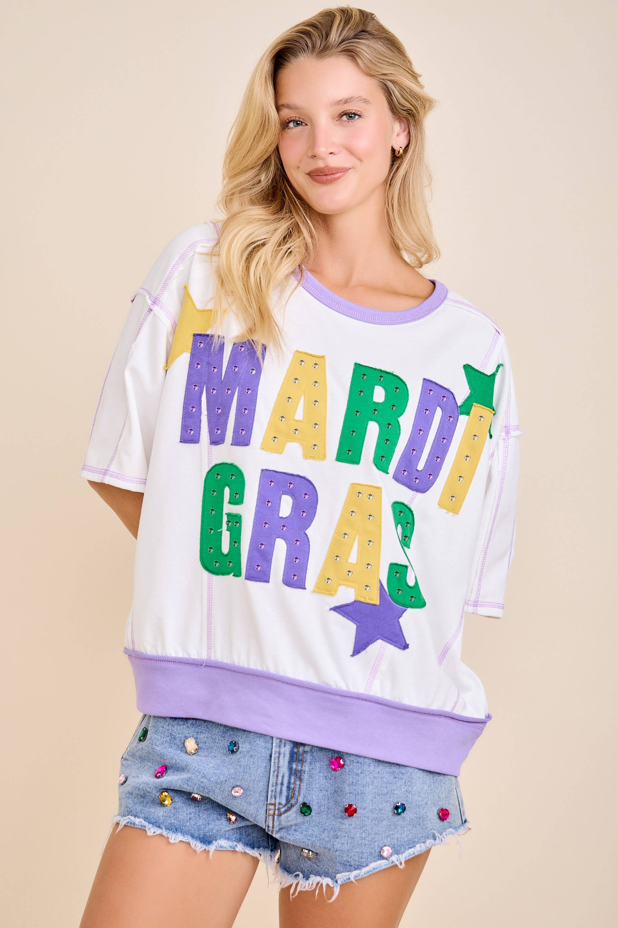 In the words- Mardi Gras Color Block Rhinestone Sweatshirt