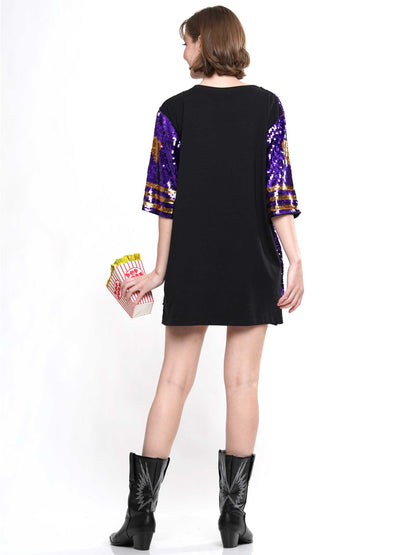 Double Zero Sequin T-shirt Dress - PURPLE/GOLD