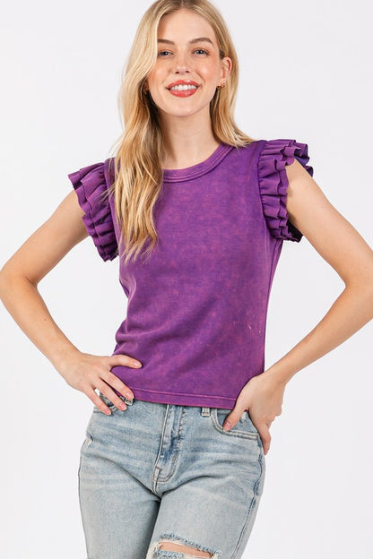 Mineral Washed Ruffle Sleeve Top