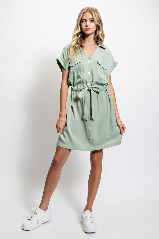 Shirt Dress with Waist Tie - SEAGREEN