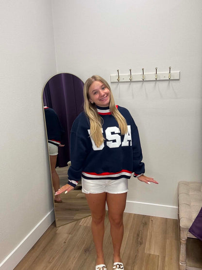 USA Letter Print Contrast Trim Sweatshirt