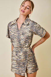 Tiger Print Denim Romper with Wrap Front Detail