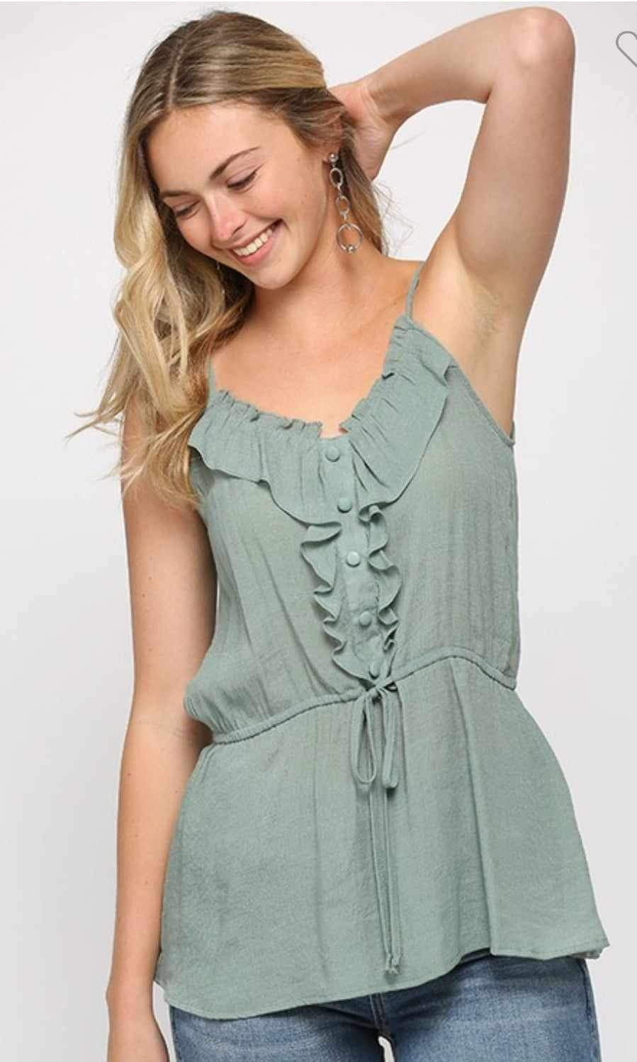 Ruffle Cami Top with Elastic Waist and Drawstring- Dusty Mint