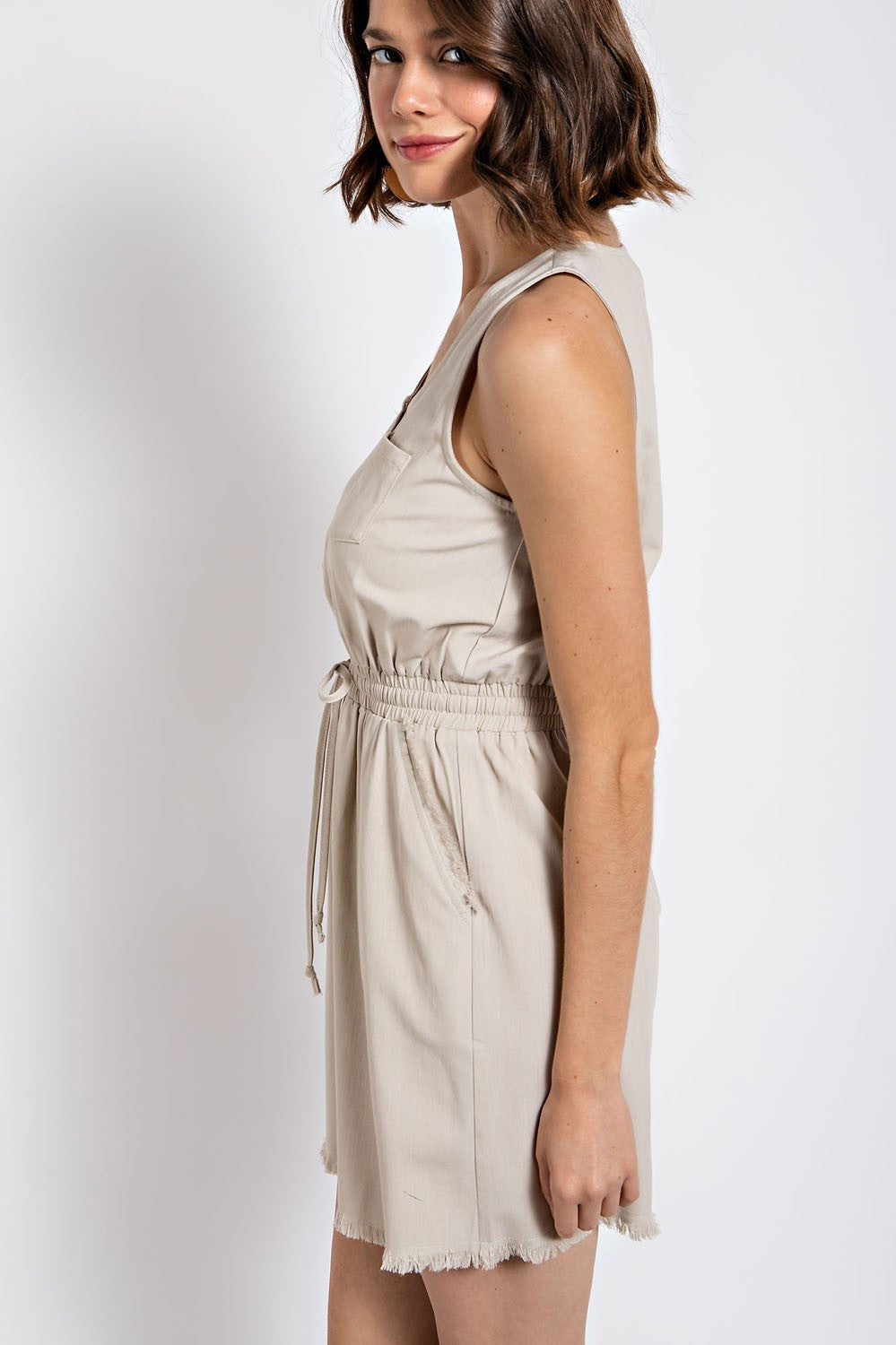 Frayed Hem Drawstring Waist Dress - SAND