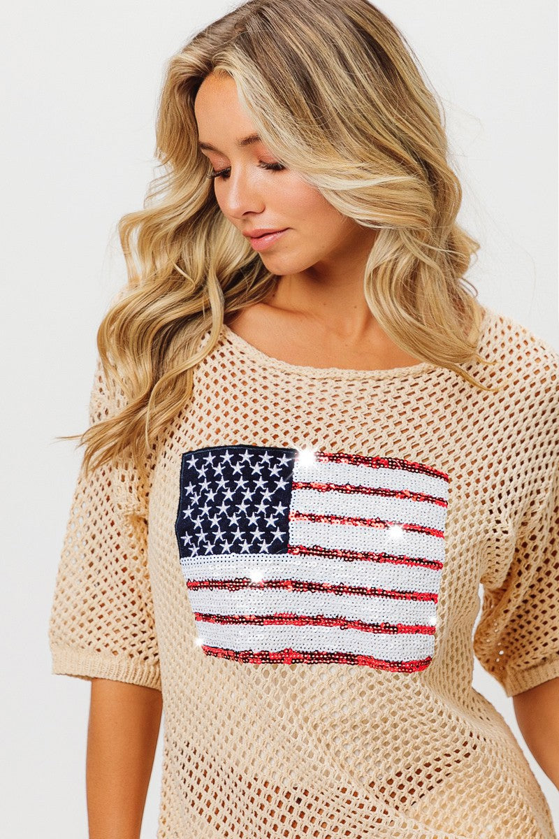 Sequin Flag Open Knit Top