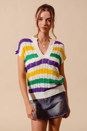 Mardi Gras Stripe Open Knit Lightweight Top
