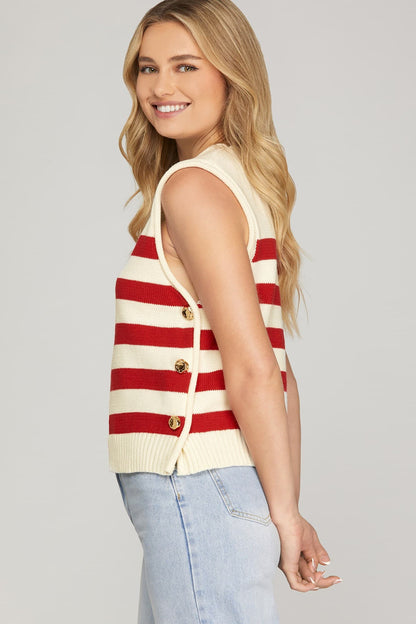 Merrill~ thick stripe top with gold button accents
