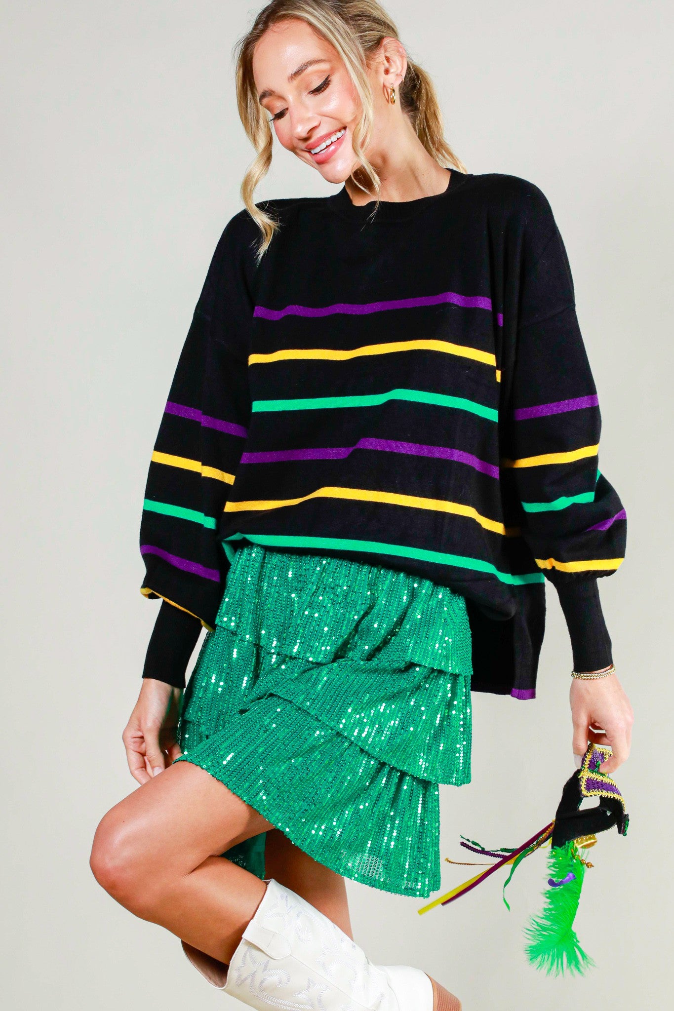 MULTI COLOR STRIPED SWEATER TOP- BLACK