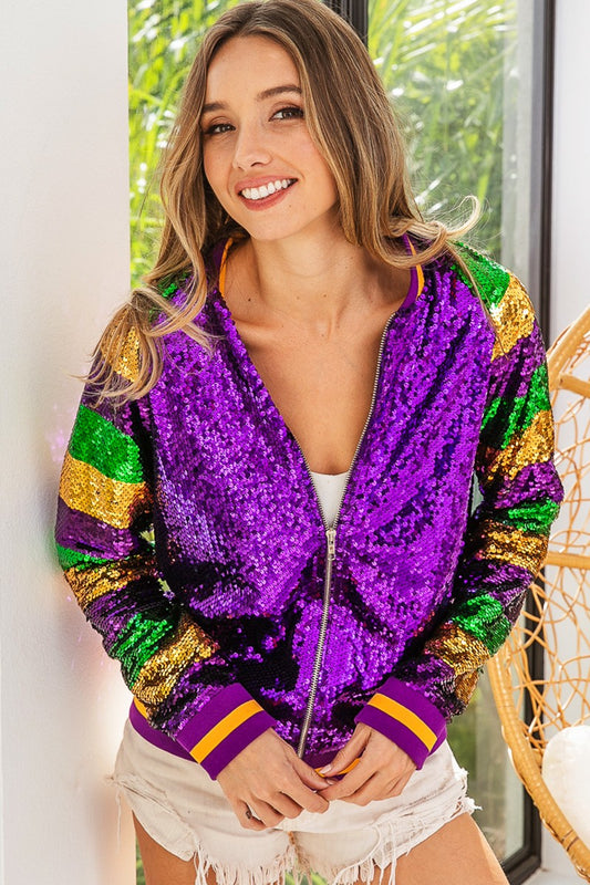 MARDI GRAS COLOR BLOCK SEQUIN BOMBER JACKET