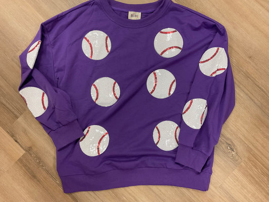 Sequin Baseball Patch French Terry Pullover - PURPLE