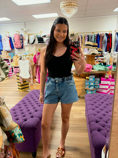 MARLY-Elastic Waist Jean Shorts