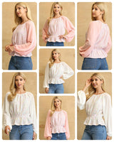 Tweed and Chiffon Mixed Peplum Top with Back Keyhole- OFF WHITE