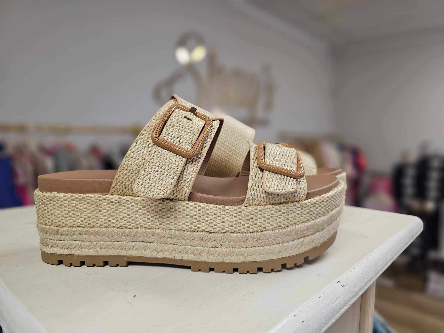 Funny- Natural Raffia 2 Buckle Platform