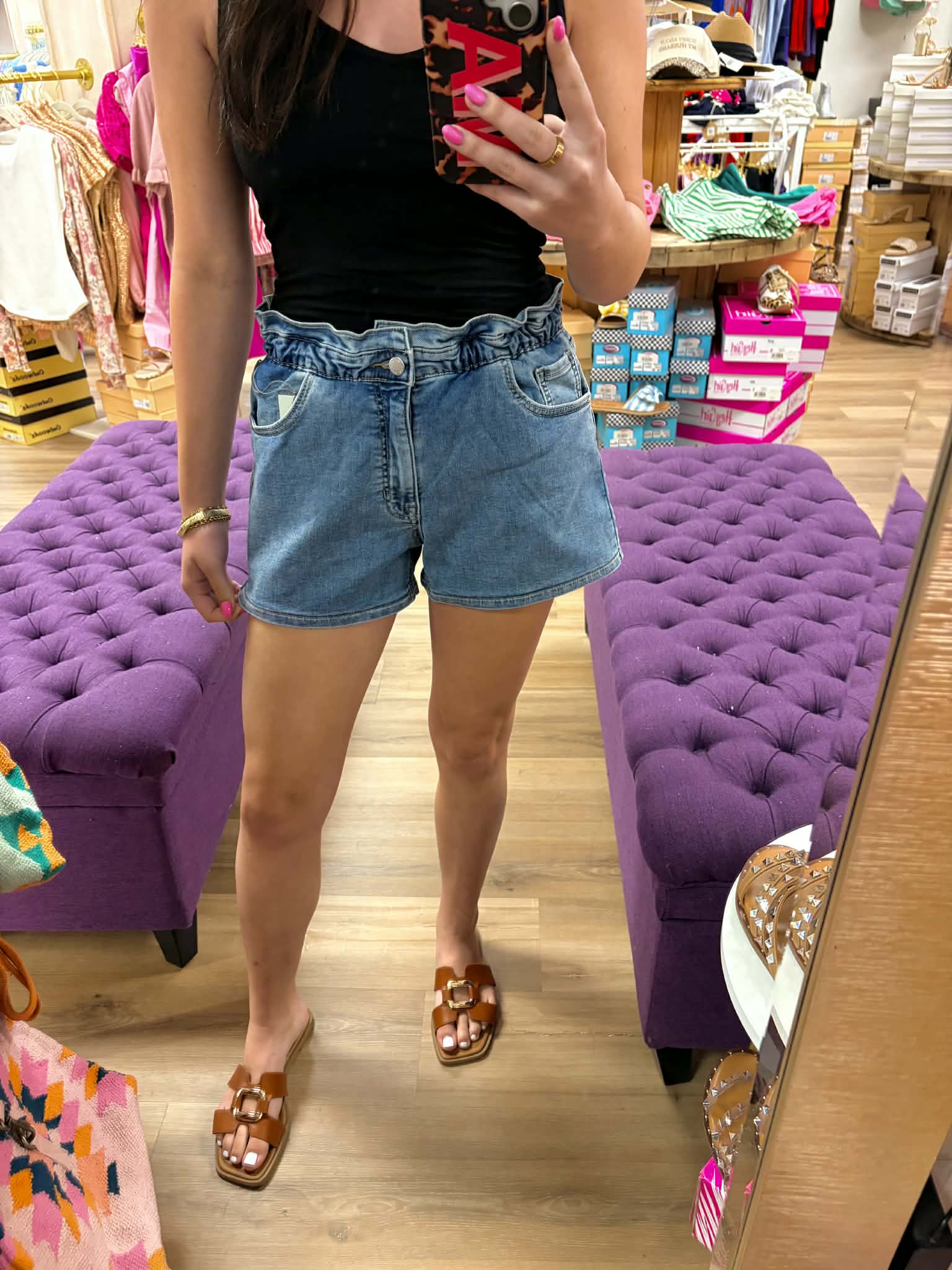 MARLY-Elastic Waist Jean Shorts