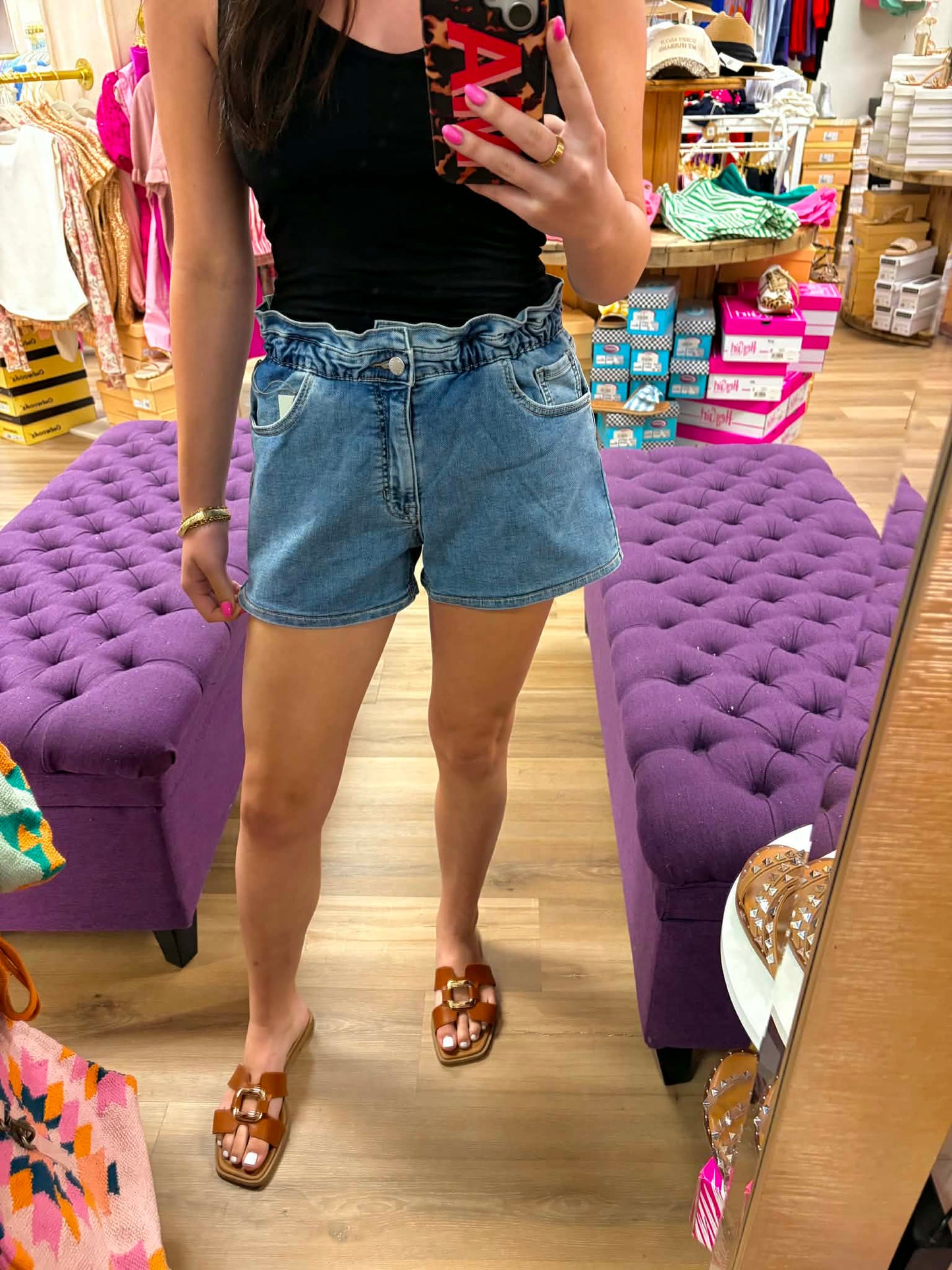 MARLY-Elastic Waist Jean Shorts